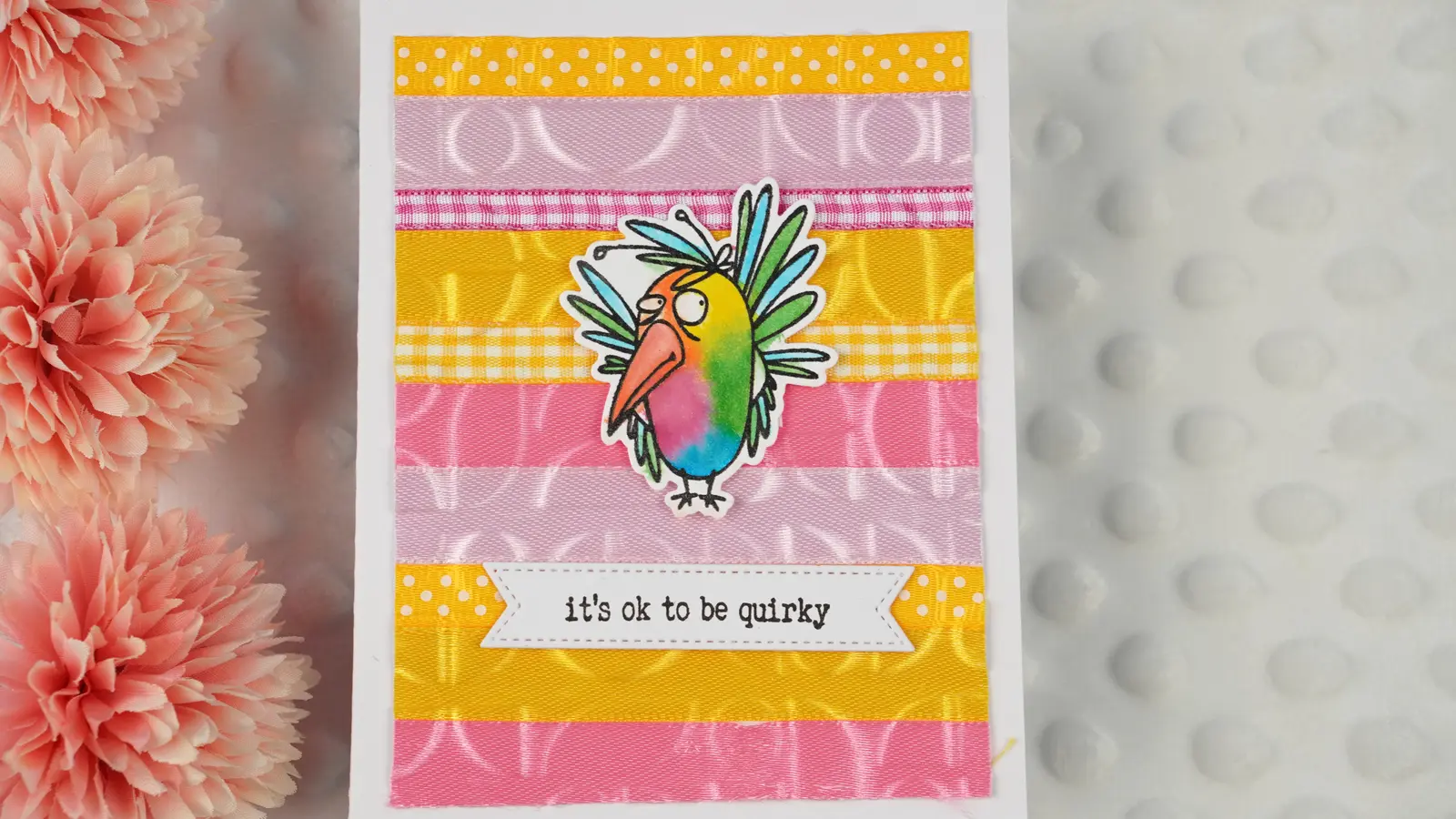 Handmade card decorated with ribbon scraps