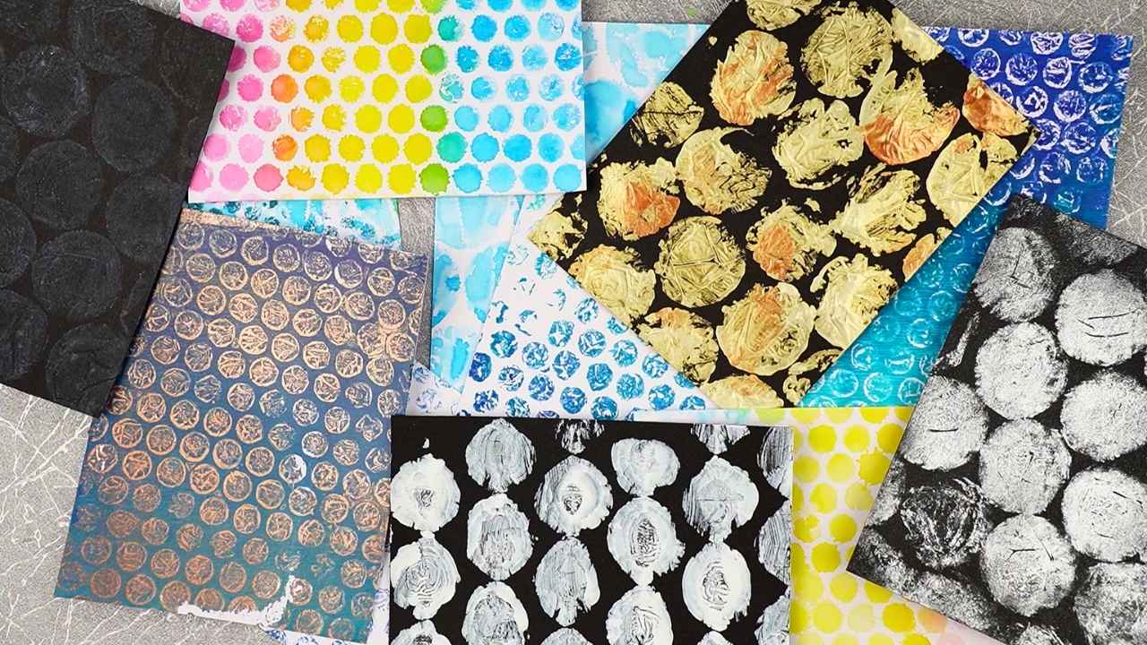 Colourful cardmaking layers produced using bubblewrap by Natasha Foote Creat