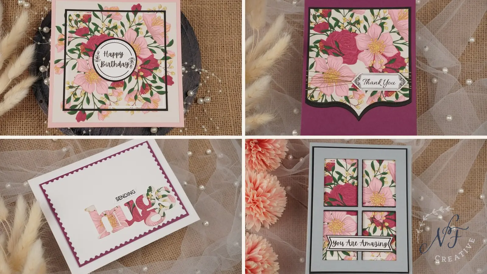 Floral napkin card making with four finished cards including happy birthday,sending hugs, thank you and you are amazing