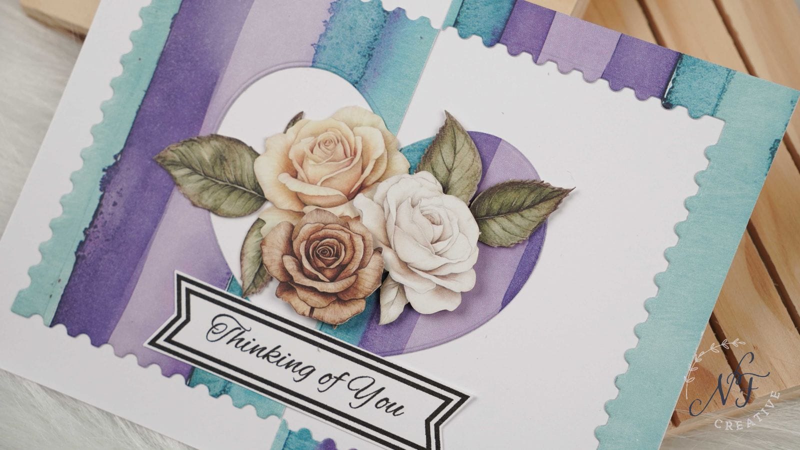 Purple and green thinking of you card with love die cut love heart cut from paper pads